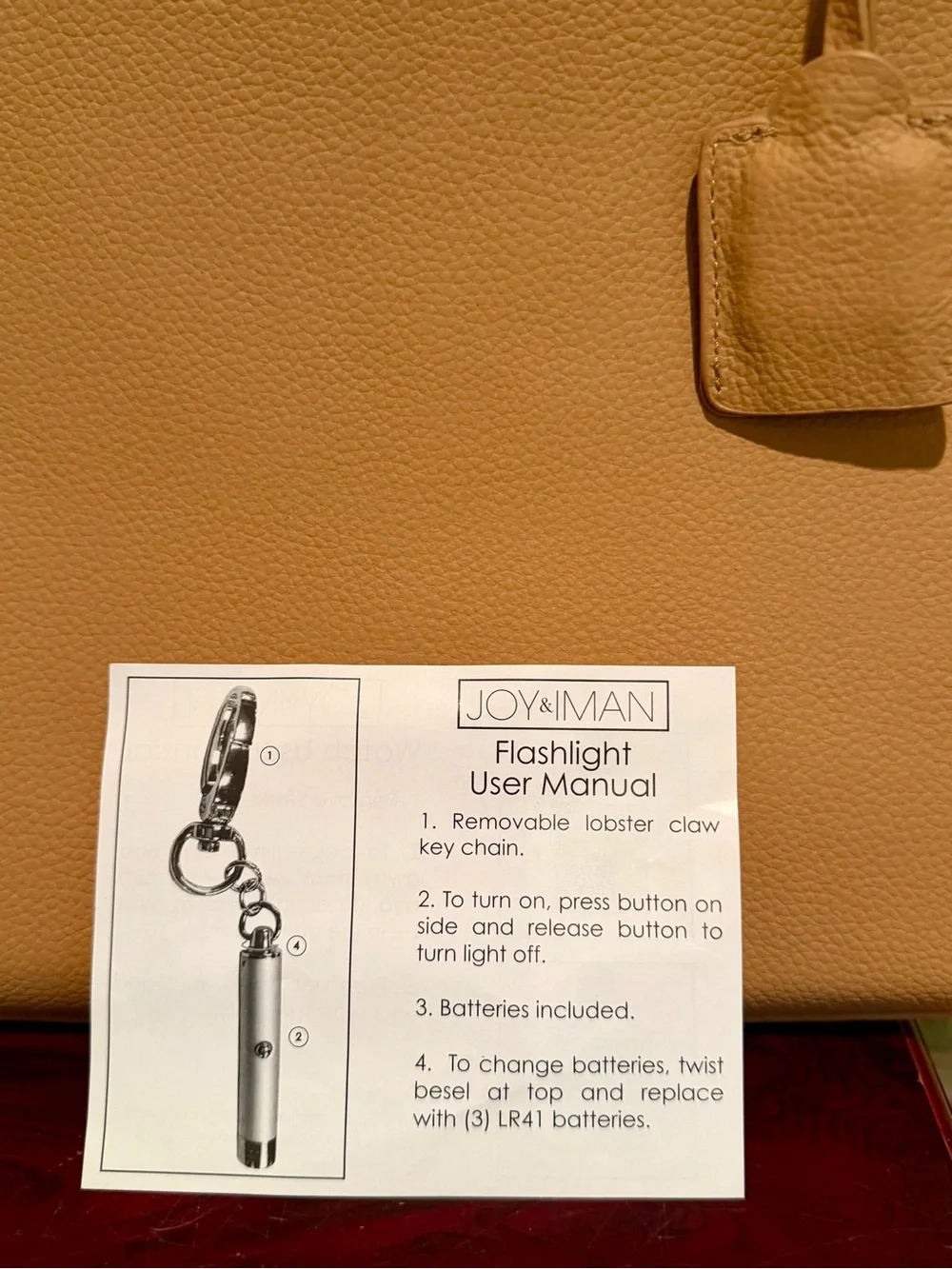 Joy & IMAN Warm Camel Structured Tote Handbag NWT Organizer Bag w/ Flashlight